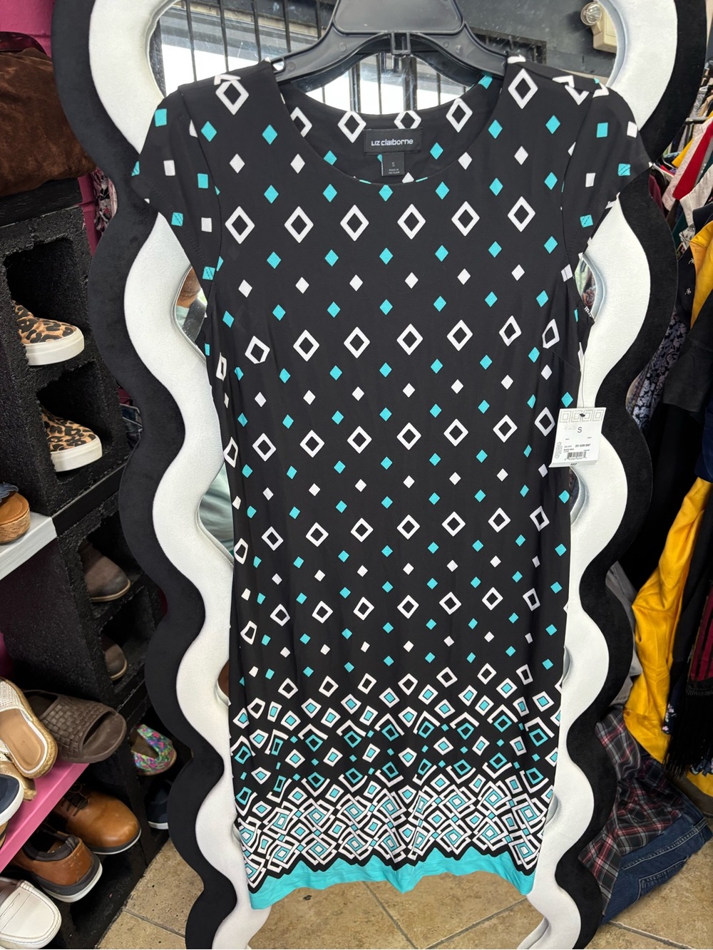 Liz Claiborne Black Dress with Teal and White Diamond Print